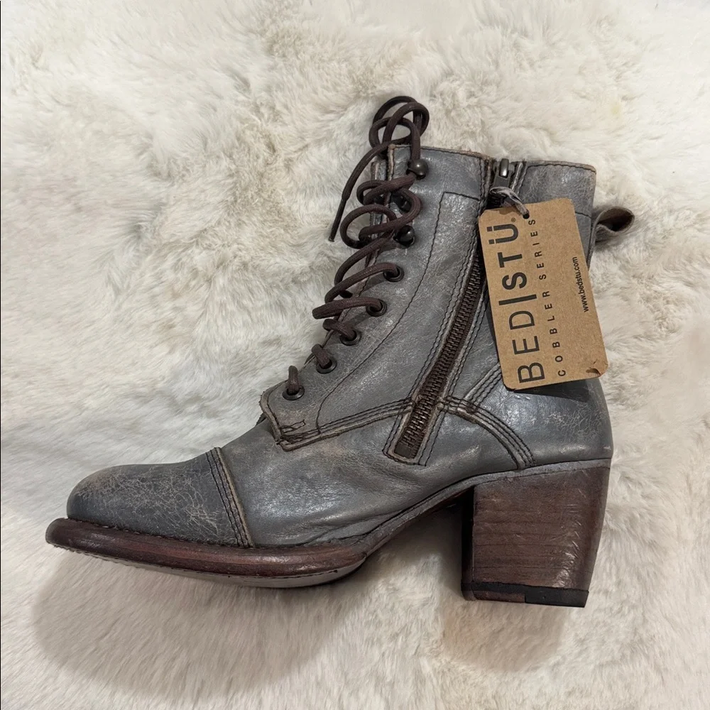 BED|STU Distressed Gray Leather Heeled Boots - Picture 5 of 13